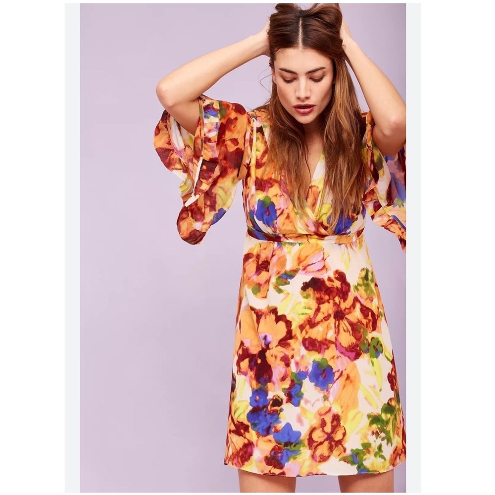 Maeve Anthropologie JAIDA Floral V-Neck Mini Dress‎ Bell Sleeve Cutout Sz 4